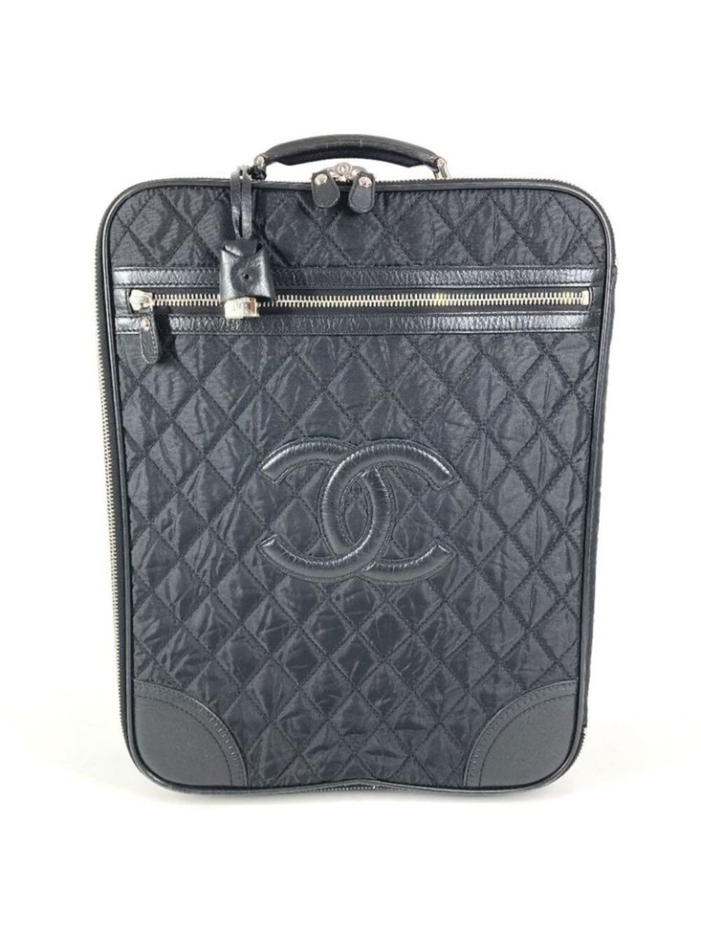 Chanel Travel Bag CC Logo Leather Nylon Black Heel